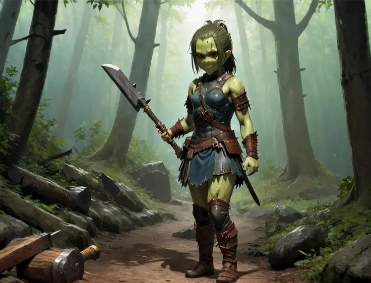 <lora:RPGOrcXL:.6> orc, fangs, green skin, <lora:Sana_Sakakibara:.8> 1girl, solo, flat, flat chest, dress, leather armor, smile, smug, standing in a forest, outdoors, holding a weapon, weapon, axe