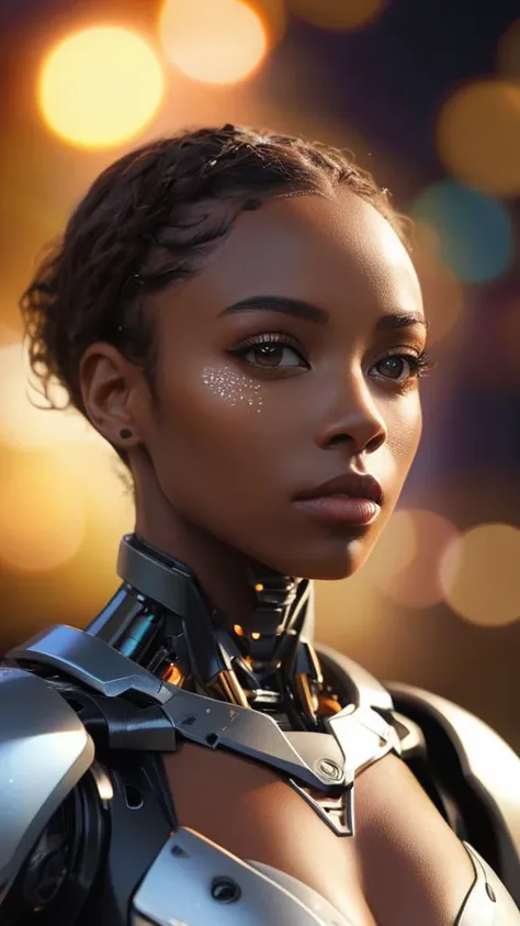 (Masterpiece, best quality, highres:1.3),  (intricate and beautiful, side lighting, dynamic lighting:0.6),  portrait, surrealistic, (bokeh:1.1), dof, awe-inspiring, majestic, overwhelming, humanoid African American female (robot) with detailed natural skin, perfect face, (looking at viewer), strong, confident