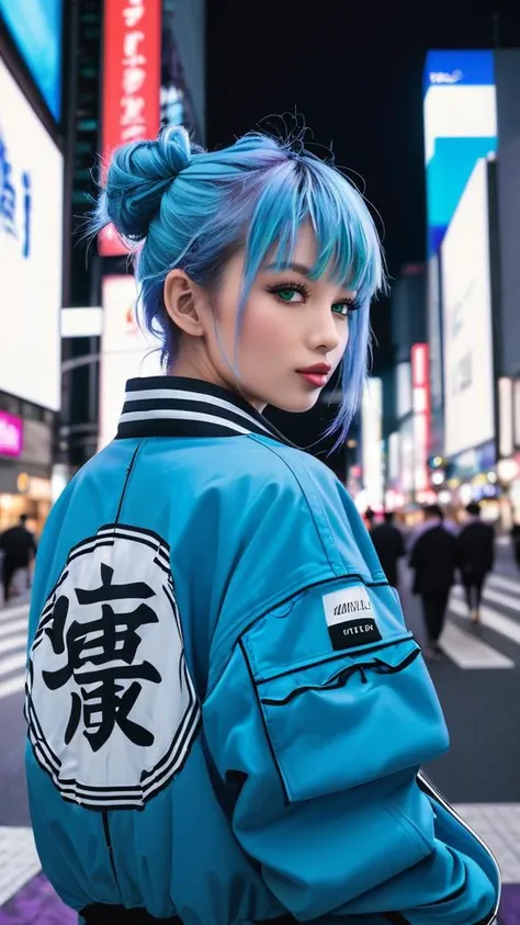 (Masterpiece, best quality, highres:1.3),  RAW, 1girl, solo, analog photo, (intricate and beautiful, side lighting, dynamic lighting:0.6), a beautiful female japanese streetwear model, oversized canvas bomber jacket, downtown Tokyo, billboards, logos, night time, dark, (sky blue hair with violet roots, light blue eyes),, tired, exhausted, messy bun with bangs, unkept hair, close-up shot, perfect mascara,