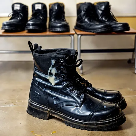 clothes (left lying:1.35) resting displaying on the floor, (no humans:1.15), a (cumrag black shoes boots:1.2), on a (classroom, background:1.25), close-up shot, (sweaty:0.8), (yellowish:0.7) (whitish:0.8) (dry stains:1.2), goo, old, stinky, gross, sticky, nasty, disgusting, (dirty:0.6), repulsive <lora:cumrag:1>