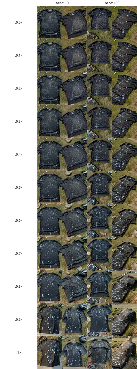 cumrag shirt, a black shirt (left lying:1.2) resting on the gorund, on a (grass field, background:1.25), (yellowish:0.7) (whitish:0.8) (dry stains:1.2), goo, old, stinky, gross, sticky, nasty, disgusting, (dirty:0.6), repulsive <lora:cumrag:1> <lora:cum_on_cloth:0.0> cum on cloth
