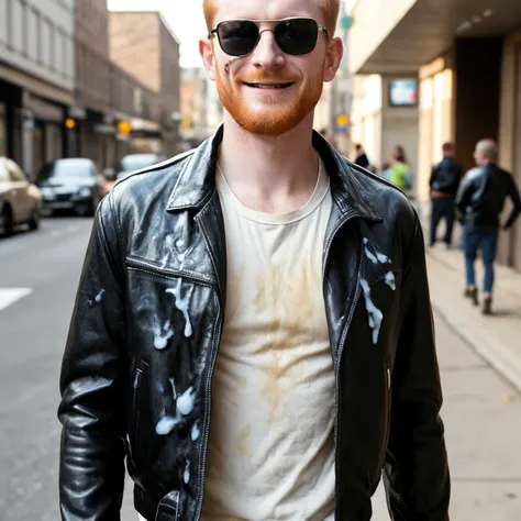 <lora:cum_on_cloth:0.4> <lora:cumrag:1> (cumrag jacket:1.2), cum on cloth, handsome 25 years old ginger man wearing a black (full Leather jacket:1.2) with a (white cotton tank top wife beater shirt underneath it:1.1), sunglasses on, cool looking face smiling (mischievous:1.2), (walking a busy street on sunny day:1.3),, (yellowish:0.7) (whitish:0.8) (dry stains:1.2), (old:0.5), stinky, gross, sticky, nasty, disgusting, (dirty:0.6), repulsive, natural lighting, 4k uhd, dslr, soft lighting, high quality, Fujifilm XT3 <lora:detail_slider_v4:-1.0>