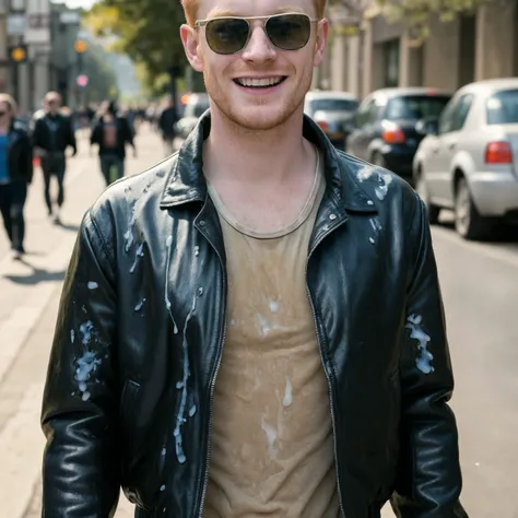 <lora:gender_slider_v1:-2> <lora:cum_on_cloth:0.5> <lora:cumrag:1.0> (cumrag jacket:1.2), cum on cloth, handsome 25 years old ginger man wearing a black (full Leather jacket:1.2) with a (white cotton tank top wife beater shirt underneath it:1.1), sunglasses on, cool looking face smiling (mischievous:1.2), (walking a busy street on sunny day:1.3),, (yellowish:0.7) (whitish:0.8) (dry stains:1.2), (old:0.5), stinky, gross, sticky, nasty, disgusting, (dirty:0.6), repulsive, natural lighting, 4k uhd, dslr, soft lighting, high quality, Fujifilm XT3 <lora:detail_slider_v4:-1.5>