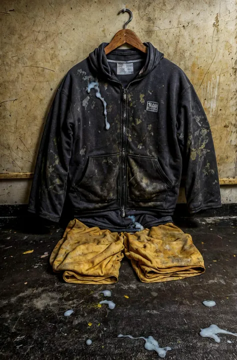 clothes (left lying:1.35) resting displaying on the floor, (no humans:1.15), a (cumrag black workgear:1.2), on a (classroom, background:1.25), far away shot, (sweaty:0.8), (yellowish:0.7) (whitish:0.8) (dry stains:1.2), goo, old, stinky, gross, sticky, nasty, disgusting, (dirty:0.6), repulsive <lora:cumrag:1>