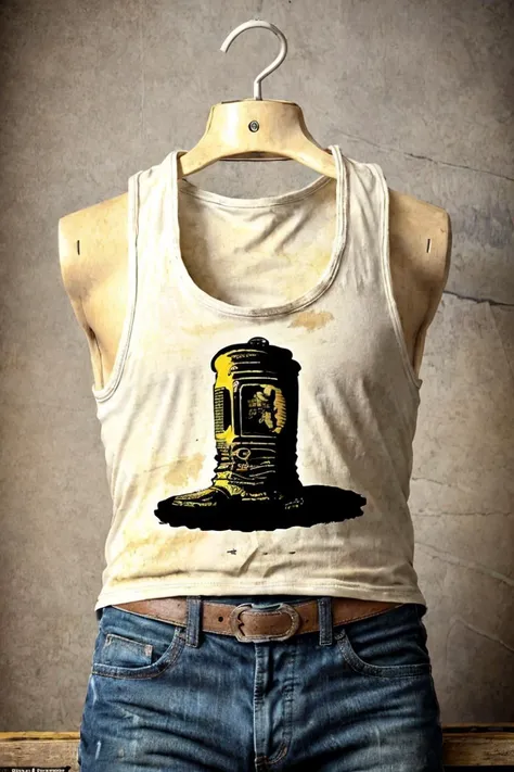 Cowboy man, portrait,, clothes (left lying:1.35) resting displaying on the floor, (no humans:1.15), a (cumrag white cotton tank top shirt:1.3), on a (classroom, background:1.25), close-up shot, (sweaty:0.8), (yellowish:0.7) (whitish:0.8) (dry stains:1.2), goo, old, stinky, gross, sticky, nasty, disgusting, (dirty:0.6), repulsive <lora:cumrag:1>