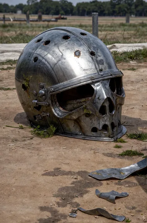 empty (left lying:1.35) resting on the floor, grass, (no humans:1.15), a (cumrag white steel medieval_head armor:1.3), on a (violent gory post war battlefield, background:1.25), blood, warrior dead bodies, rusty, (close-up shot:0.5), (sweaty:0.8), (yellowish:0.7) (whitish:0.8) (dry stains:1.2), old, stinky, gross, nasty, disgusting, (dirty:0.6), repulsive <lora:cumrag:0.85>