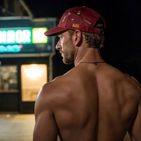 (closeup face:1.2), the back of the head, of a shirtless male from behind, a 38 years old dark ginger boy with perfect eyes, wearing a stained dirty baseball cap, standing outside a dance club, dark night