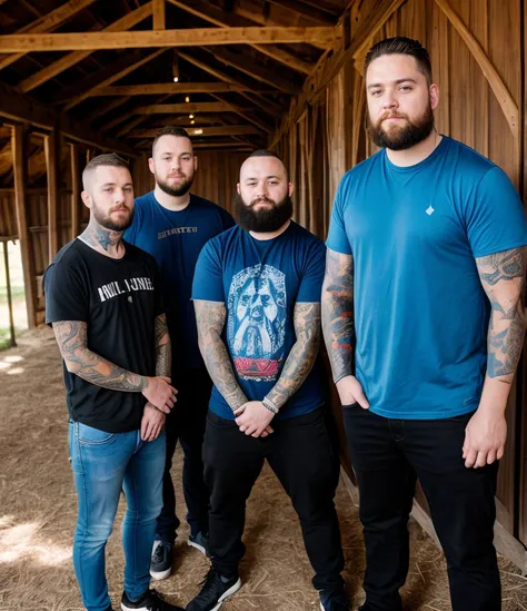 a man with a short beard and tattoos standing in front of a group of 3 people wearing blue shirt and black pants, promotional image, an album cover, private press, inside of a barn background <lora:people_count_slider_v1:1.1>