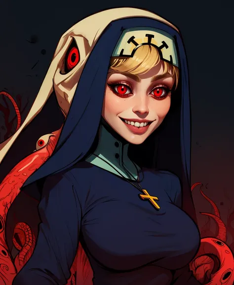 Double,short blonde hair,solo,smiling,glowing  red eyes,
blue habit,cross necklace,nun,long sleeves,
standing,upper body,
red lights,church,
tentacles,eldritch abomination,
(insanely detailed, beautiful detailed face,masterpiece, best quality) church,<lora:Double-12SG:0.8>,