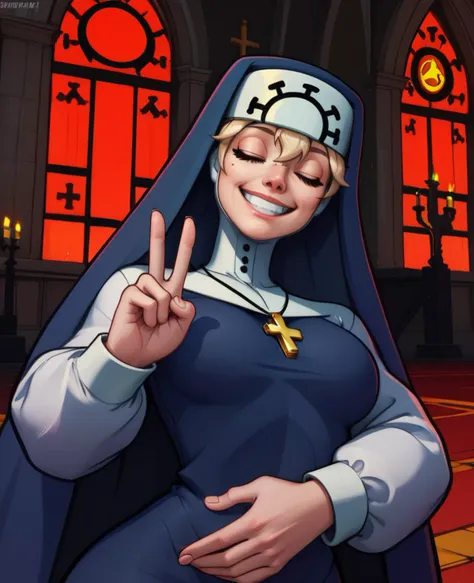 1girl,, Double,closed eyes, smiling, grabbing breast with left hand,  peace sign right hand, 
standing,
blue habit,cross necklace,long sleeves,nun,
church,<lora:Double:0.8>,
Cinematic Lighting,, zPDXL2,