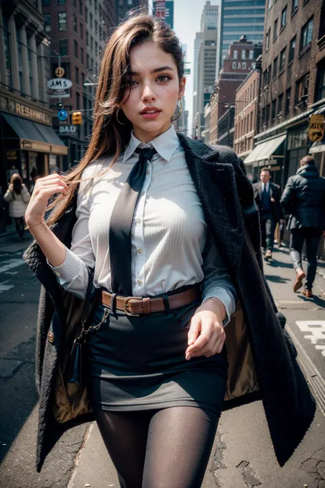 (realistic:1.3), finely detailed, quality, rembrandt lighting, (masterpiece:1.2), (photorealistic:1.2), (best quality), (detailed skin:1.3), (intricate details), dramatic, ray tracing, 1girl, american girl, 21 years old, detailed skin texture, (blush:0.5), (goosebumps:0.5), subsurface scattering, smiling, medium breasts, updo hair, blonde hair, bangs, hair between eyes, (formal suit, collared shirt:1.1), skirt, pantyhose, coat on shoulders, jacket on shoulders, cowboy shot, (bright sunny day, downtown manhattan, new york, sidewalk, skyscrapers), <lora:COS1:1>