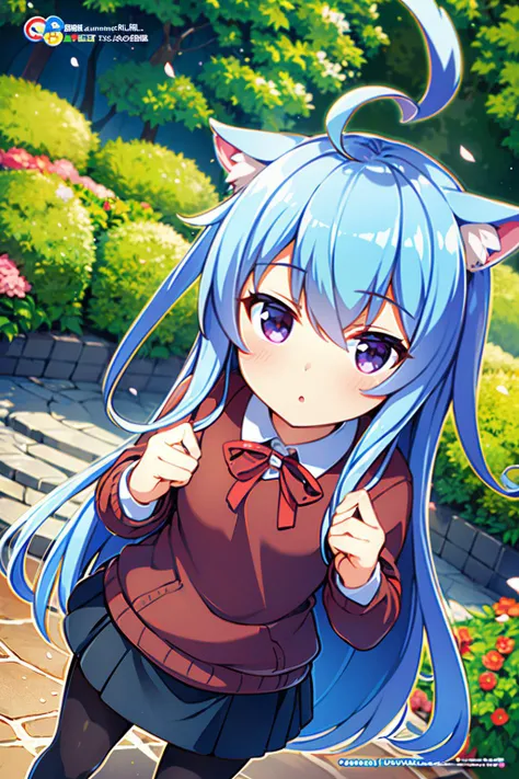 (2d:1.2), wide shot, (dynamic angle:1.1), outline, ((thick lineart)), cover, stylish, official art, (details:1.2), (fantasy), garden, (bloom:1.1), glow:0.2, shadow, nature, cherry blossoms, particles, (depth of field), sharp focus, (volumetric lighting), (bokeh:0.6), film grain:0.4, (soft lighting:1.1), tzummn, long hair, blue hair, animal ears, purple eyes, cat ears, ahoge, school uniform, looking at viewer, skirt, sweater, cat tail, pantyhose, <lora:Miniwa_Tsumiki_10_01:0.6>