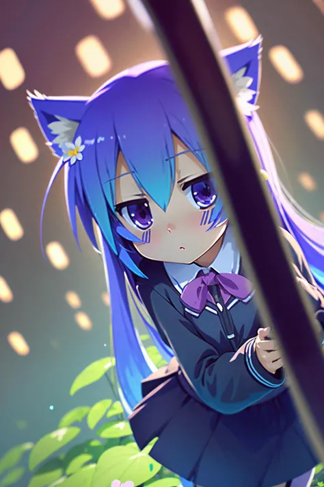 (2d:1.2), wide shot, (dynamic angle:1.1), outline, ((thick lineart)), cover, stylish, official art, (details:1.2), (fantasy), garden, (bloom:1.1), glow:0.2, shadow, nature, cherry blossoms, particles, (depth of field), sharp focus, (volumetric lighting), (bokeh:0.6), film grain:0.4, (soft lighting:1.1), tzummn, long hair, blue hair, animal ears, purple eyes, cat ears, ahoge, school uniform, looking at viewer, skirt, sweater, cat tail, pantyhose, <lora:Miniwa_Tsumiki_10_01:1.0>