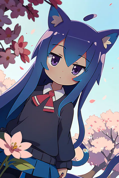 (2d:1.2), wide shot, (dynamic angle:1.1), outline, ((thick lineart)), cover, stylish, official art, (details:1.2), (fantasy), garden, (bloom:1.1), glow:0.2, shadow, nature, cherry blossoms, particles, (depth of field), sharp focus, (volumetric lighting), (bokeh:0.6), film grain:0.4, (soft lighting:1.1), tzummn, long hair, blue hair, animal ears, purple eyes, cat ears, ahoge, school uniform, looking at viewer, skirt, sweater, cat tail, pantyhose, <lora:Miniwa_Tsumiki_10_01:1.0>