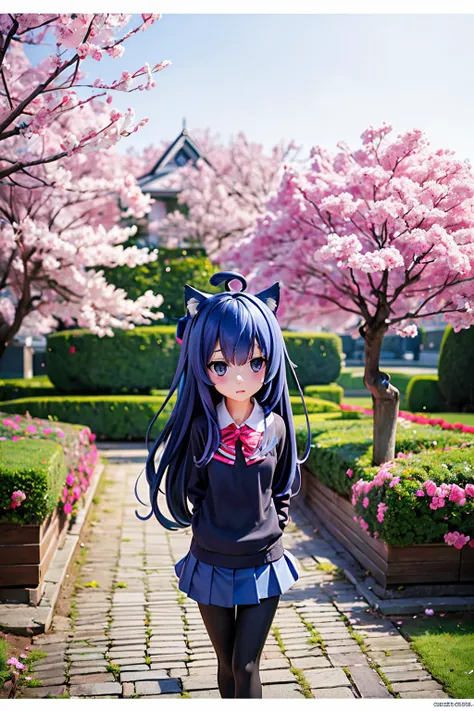 (2d:1.2), wide shot, (dynamic angle:1.1), outline, ((thick lineart)), cover, stylish, official art, (details:1.2), (fantasy), garden, (bloom:1.1), glow:0.2, shadow, nature, cherry blossoms, particles, (depth of field), sharp focus, (volumetric lighting), (bokeh:0.6), film grain:0.4, (soft lighting:1.1), tzummn, long hair, blue hair, animal ears, purple eyes, cat ears, ahoge, school uniform, looking at viewer, skirt, sweater, cat tail, pantyhose, <lora:Miniwa_Tsumiki_10_01:0.8>