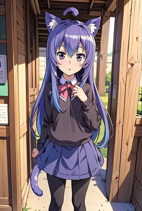 (masterpiece, best quality), 1girl, <lora:Miniwa_Tsumiki_10_01:0.8> tzummn, long hair, blue hair, animal ears, purple eyes, cat ears, ahoge, school uniform, looking at viewer, skirt, sweater, cat tail, pantyhose