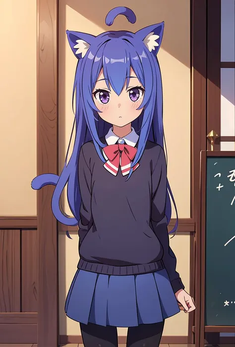 (masterpiece, best quality), 1girl, <lora:Miniwa_Tsumiki_10_01:0.8> tzummn, long hair, blue hair, animal ears, purple eyes, cat ears, ahoge, school uniform, looking at viewer, skirt, sweater, cat tail, pantyhose