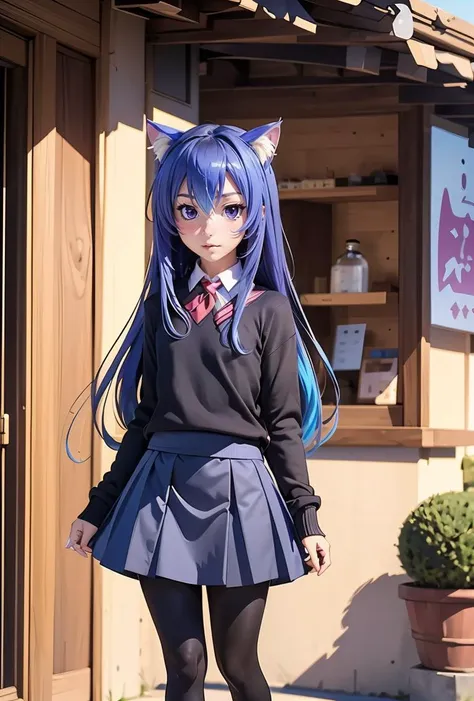 (masterpiece, best quality), 1girl, <lora:Miniwa_Tsumiki_10_01:0.8> tzummn, long hair, blue hair, animal ears, purple eyes, cat ears, ahoge, school uniform, looking at viewer, skirt, sweater, cat tail, pantyhose