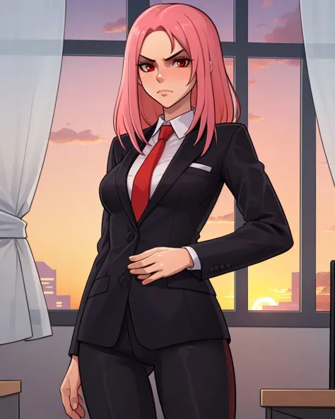 cowboy shot, pink hair, medium hair, red eyes, serious, breasts, suit, white undershirt, black jacket, red necktie, black pants, office, sunset, window, <lora:Toksie:0.8>