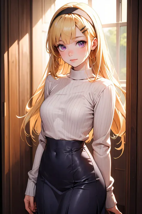 masterpiece,8k high quality detailed,highres,anime,,
illustration \(artbook\),
,st_persia,1girl,long hair,blonde hair,hairclip,hairband,purple eyes,pale skin,medium breasts,detailed_face,((Nervous twitch)),[(<lora:GuitarLittleSisterOutiftGLSV1-fixed:0.6>, outfit-gls,sweater,high-waist skirt,long skirt,[[from behind]])],
Arms folded, leaning back slightly,
(,realistic clothing texture,realistic_skin_texture),<lora:velvia:0.6>,<lora:ST_Girls_-_Persia:0.55>,<lora:more_details:0.3>