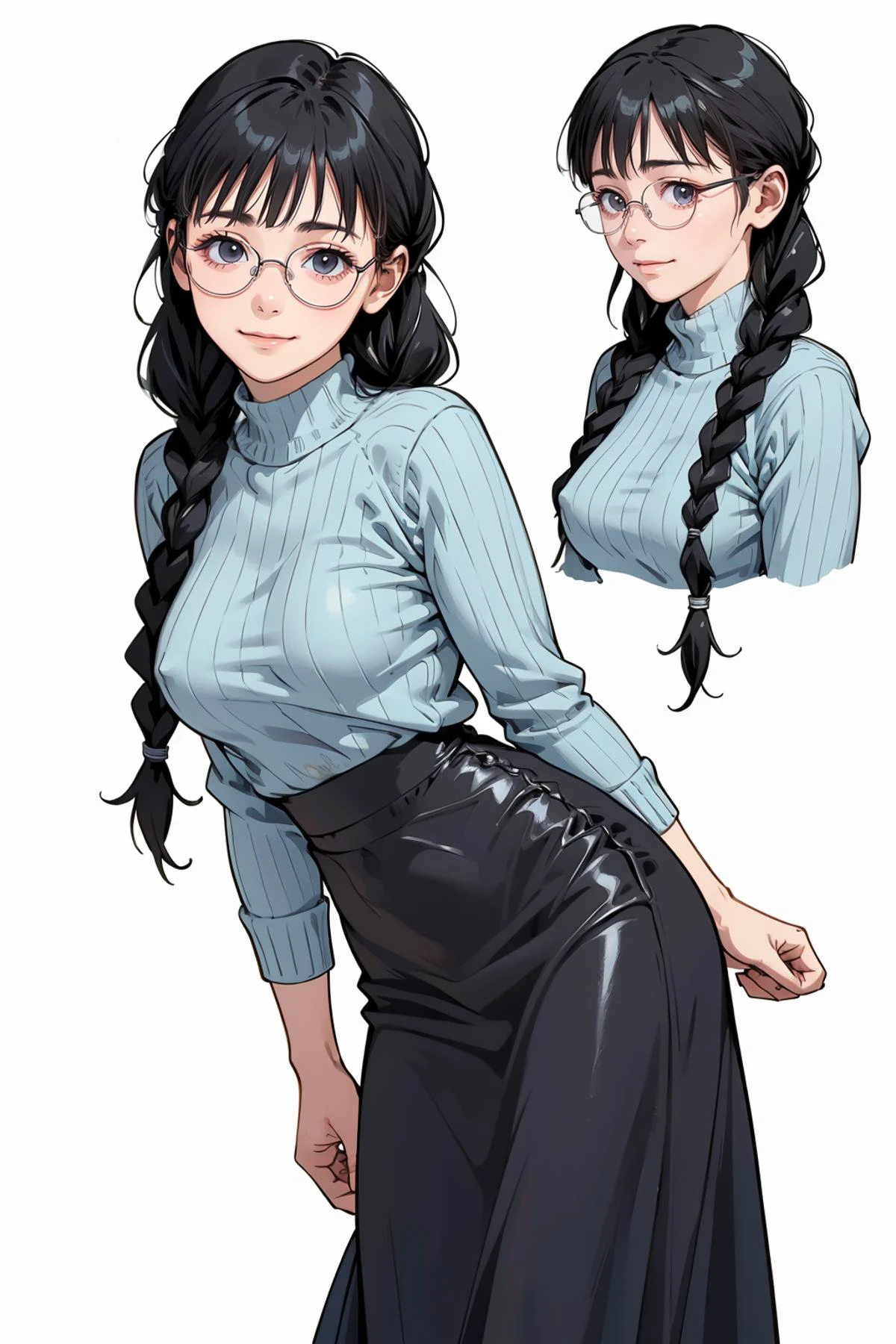8k high quality detailed,highres,comic,anime,detailed image,
(an illustration of a age girl posing,magazine_sheet, (an illustration of girl,teengirl)),(magazine_illustration),(multiple view manuscript),
(, megumi,black hair, glasses, twin braids,black_eyes,medium_breasts),(Melancholy Smile),((Walking with an umbrella in the rain, looking determined and resilient,):0.5),detailed_face,realistic_skin_texture,(<lora:GuitarLittleSisterOutiftGLSV1-fixed:0.6>, outfit-gls,sweater,high-waist skirt,long skirt,[[from behind]]),
realistic clothing texture,<lora:Megumi:0.55>