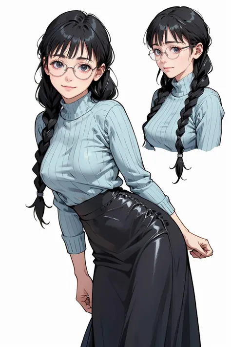 8k high quality detailed,highres,comic,anime,detailed image,
(an illustration of a teenage girl posing,magazine_sheet, (an illustration of girl,teenage girl)),(magazine_illustration),(multiple view manuscript),
(, megumi,black hair, glasses, twin braids,black_eyes,medium_breasts),(Melancholy Smile),((Walking with an umbrella in the rain, looking determined and resilient,):0.5),detailed_face,realistic_skin_texture,(<lora:GuitarLittleSisterOutiftGLSV1-fixed:0.6>, outfit-gls,sweater,high-waist skirt,long skirt,[[from behind]]),
realistic clothing texture,<lora:Megumi:0.55>