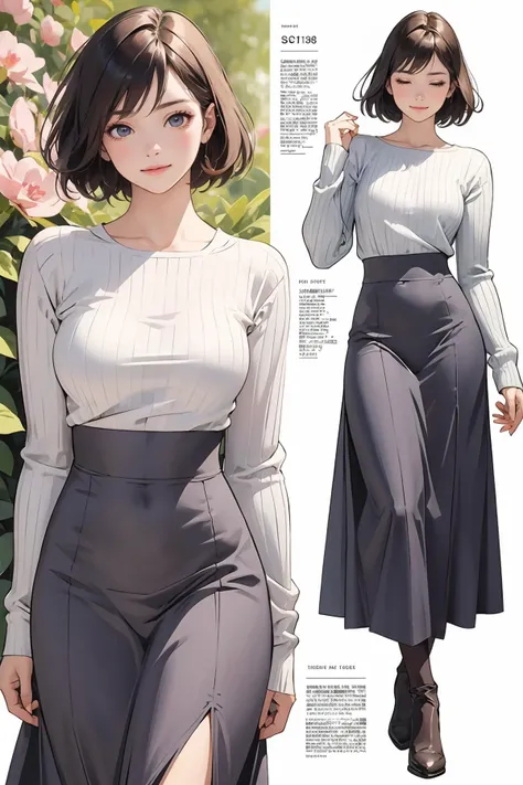 8k high quality detailed,highres,anime,comic,detailed image,
(an illustration of a teenage girl posing,(an illustration of girl,teenage girl)),(magazine_illustration),(multiple view manuscript),(magazine_sheet),
(1girl,asian_female,coral hair, short hair, swept bangs, iridescent eyes, muscular female, large breasts,(Devilish Smile):0.85),detailed_face,realistic_skin_texture,
((Standing in a garden, smelling a flower, with closed eyes, enjoying the fragrance,):0.8),
((<lora:GuitarLittleSisterOutiftGLSV1-fixed:0.6>, outfit-gls,sweater,high-waist skirt,long skirt,[[from behind]]):0.8),realistic clothing texture,