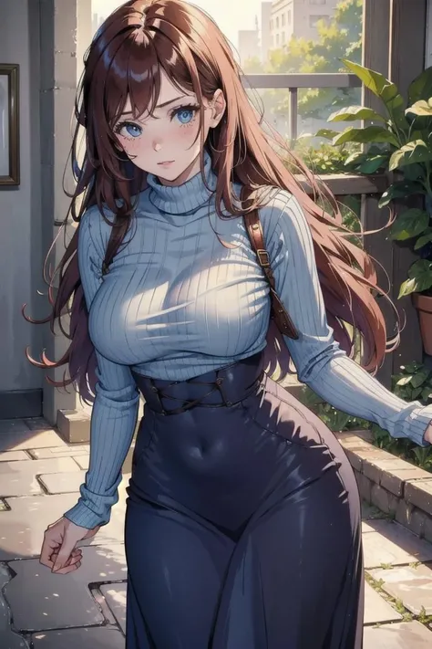 (masterpiece, best quality, hires, high resolution:1.2, 4k, 8k , high quality), extremely detailed, realistic, intricate details, highres, 1girl, solo, red long hair, blue eyes, blush, freckles, (large breasts, thick thighs, wide hips), arched back,(cinematic lighting, sunlight, perfect lighting, backlighting), eye-level shot, extreme close-up-shot, looking at viewer,
<lora:GuitarLittleSisterOutiftGLSV1-fixed:0.8> outfit-gls, sweater, high-waist skirt, long skirt