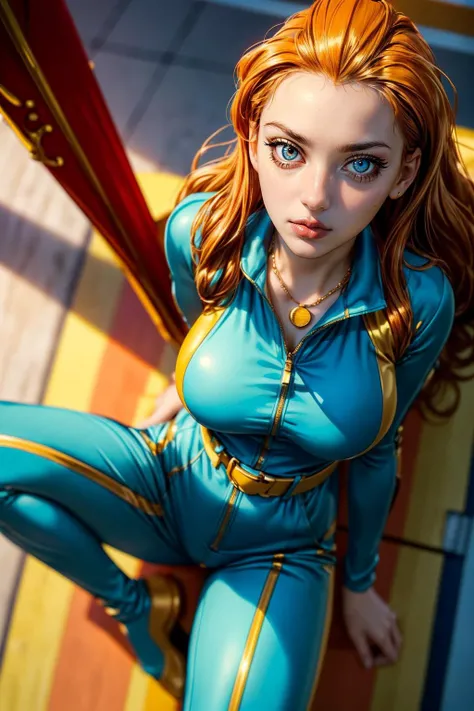 (ultra realistic,32k, masterpiece:1.2),(high detailed skin:1.1),( high quality:1.1),
[chibi:0.5] <lora:VRAMsSamantha:0.5>xyzsam,(kubrick stare:1.1),1girl, solo, long hair, long hair, necklace, orange hair, green_bodysuit, belt, jump suit, blurry background blurry background,(looking at viewer, lying, from above:1.1),, huge breast,large breast,<lora:add_detail:0.85>,
(golden hour:1.1),
