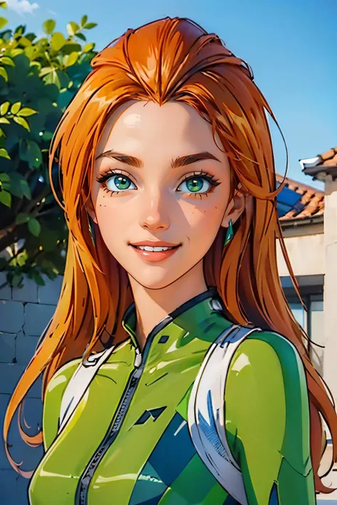 sam,long hair, orange hair, green bodysuit, jumpsuit, looking at viewer, smiling, happy, teeth, close up portrait,
outside, blue sky, extreme detail, masterpiece, beautiful quality, <lora:VRAMsSamantha-E15:.7>