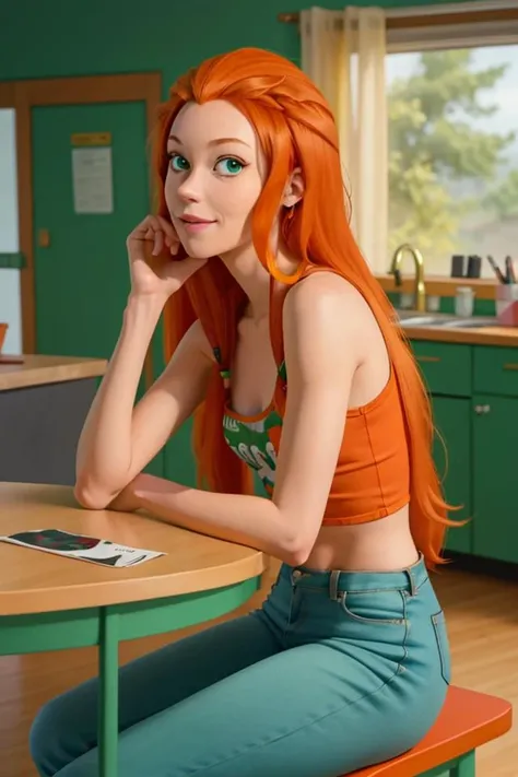 <lora:VRAMsSamantha-E15:0.6>, [chibi:0.8], xyzsam, 1girl, solo, long hair, long hair, scene, orange hair, green eyes, perfect skin, happy,
80's clothes, sitting, side view, table