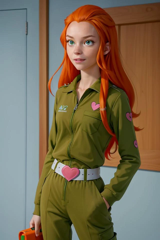 <lora:VRAMsSamantha-E15:0.6>, xyzsam, 1girl, solo, long hair, long hair, looking at viewer, masterpiece, beautiful, portrait, orange hair, green eyes, happy, perfect skin, young, skinny, heart
jump suit, green clothes, belt,
butterfly, bubblegum