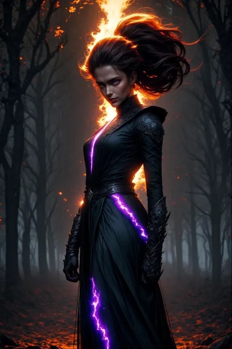 masterpiece, best quality, digital art, action, powerful character, female, high elf, warlock, fit, beautiful, (beautiful face:1.5), (beautiful eyes, intense eyes:1.7), (evil grin:1.2), (brown hair, pony tail:1.4), torn clothes, (bare arms:1.6), night, dark forest, extremely windy, heavy rain, dark clouds, flying leaves, branches, dead trees.
The warlock (standing, looking to the side:1.3) (arms raised, palms facing outward:1.7) a vibrant iridescent beam of dark purple energy crackling along her arms ((masterpiece, best quality)) <lora:more_details:0.3>. purple glowing cracks, cracked skin, shattered skin, fractured skin, broken skin, glowing eyes.
The beam's light begins to swirl around the warlock as the power builds, castling dynamic shadows in the mystical forest clearing. The warlock is the focal point for the spellâs light, drawing the viewers gaze to her face and the transformation that occurs while she is possessed by this dark power.
<lora:r1ge - AnimeRage:1> <lora:crackedFractured_final:1.2>