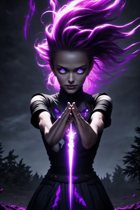 masterpiece, best quality, digital art, action, powerful character, female, high elf, warlock, fit, beautiful, (beautiful face:1.5), (beautiful eyes, intense eyes:1.7), (evil grin:1.2), (brown hair, pony tail:1.4), torn clothes, (bare arms:1.6), night, dark forest, medieval forest, extremely windy, heavy rain, dark clouds, flying leaves, branches, dead trees. (arms raised, arms outstretched, palms facing outward:1.5)
The warlock (standing, looking to the side:1.3) (arms raised, arms outstretched, palms facing outward:1.5) a vibrant iridescent beam of dark purple energy crackling along her arms ((masterpiece, best quality)) <lora:more_details:0.3>. dark purple glowing cracks, cracked skin, shattered skin, fractured skin, broken skin, (dark purple glowing eyes:1.6.
The beam's light begins to swirl around the warlock as the power builds, castling dynamic shadows in the mystical forest clearing. The warlock is the focal point for the spellâs light, drawing the viewers gaze to her face and the transformation that occurs while she is possessed by this dark power.
<lora:r1ge - AnimeRage:1> <lora:crackedFractured_final:1.2>