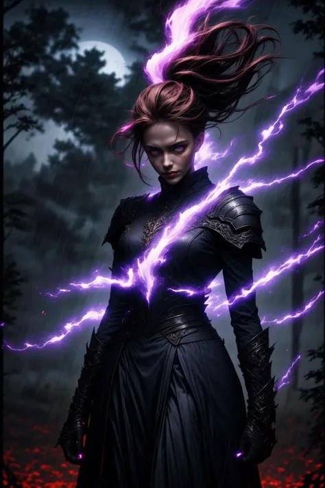 masterpiece, best quality, digital art, action, powerful character, female, high elf, warlock, fit, beautiful, beautiful face, beautiful eyes, (brown hair, pony tail), torn clothes, bare arms, night, dark forest, extremely windy, heavy rain, dark clouds, flying leaves, branches, dead trees.
The warlock (standing, looking to the side:1.3) (arms raised:1.3) a vibrant iridescent beam of dark purple energy crackling along her arms ((masterpiece, best quality)) <lora:more_details:0.3>. purple glowing cracks, cracked skin, shattered skin, fractured skin, broken skin, glowing eyes.
The beam's light casts dynamic shadows in the mystical forest clearing, intensifying at the moment of impact. Accompanying the visual spectacle is a low, resonating hum, signaling the raw power of the spell. The warlock stands illuminated by the spellâs light, drawing the viewers eyes to her face.
<lora:r1ge - AnimeRage:1> <lora:crackedFractured_final:1.2>