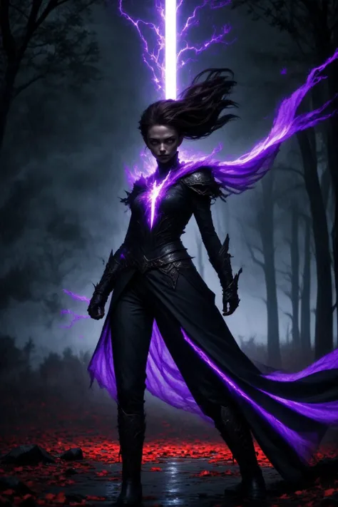 masterpiece, best quality, digital art, action, powerful character, female, high elf, warlock, fit, beautiful, beautiful face, beautiful eyes, (brown hair, pony tail), torn clothes, bare arms, night, dark forest, extremely windy, heavy rain, dark clouds, flying leaves, branches, dead trees.
The warlock (standing, looking to the side:1.3) (arms raised:1.3) a vibrant iridescent beam of dark purple energy crackling along her arms ((masterpiece, best quality)) <lora:more_details:0.3>. purple glowing cracks, cracked skin, shattered skin, fractured skin, broken skin, glowing eyes.
The beam's light casts dynamic shadows in the mystical forest clearing, intensifying at the moment of impact. Accompanying the visual spectacle is a low, resonating hum, signaling the raw power of the spell. The warlock stands illuminated by the spellâs light, drawing the viewers eyes to her face.
<lora:r1ge - AnimeRage:1> <lora:crackedFractured_final:1.2>