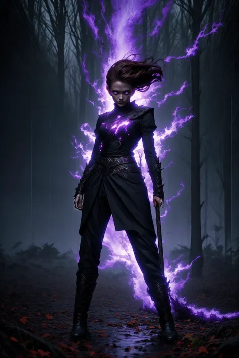 masterpiece, best quality, digital art, action, powerful character, female, high elf, warlock, fit, beautiful, beautiful face, beautiful eyes, (brown hair, pony tail), torn clothes, bare arms, night, dark forest, extremely windy, heavy rain, dark clouds, flying leaves, branches, dead trees.
The warlock (standing, looking to the side:1.3) (arms raised:1.3) a vibrant iridescent beam of dark purple energy crackling along her arms ((masterpiece, best quality)) <lora:more_details:0.3>. purple glowing cracks, cracked skin, shattered skin, fractured skin, broken skin, glowing eyes.
The beam's light casts dynamic shadows in the mystical forest clearing, intensifying at the moment of impact. Accompanying the visual spectacle is a low, resonating hum, signaling the raw power of the spell. The warlock stands illuminated by the spellâs light, drawing the viewers eyes to her face.
<lora:r1ge - AnimeRage:1> <lora:crackedFractured_final:1.2>