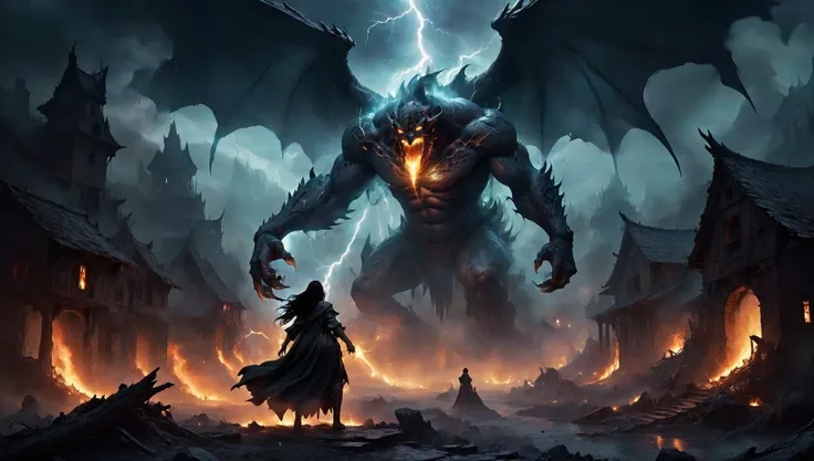 ethereal fantasy concept art of (((Ultra-detailed, Hyper-realistic, 8k, highres, masterpiece,))),<lora:XL_boss_battle:0.6>,Bosstyle,dark fantasy art style,Mage fighting a giant fantasy monster,burned village in background,highly detailed,Night,(mystical dense fog),epic scene,(dense smoke by Kim Keever),dark,moody,dark fantasy in style of Frank Frazetta,. magnificent,celestial,ethereal,painterly,epic,majestic,magical,fantasy art,cover art,dreamy,kkw-el-Lightning,kkw-el-fire,S,<lora:Biol:0.8>,ais-blmn,<lora:,<lora:add-detail-xl:1>,,,,, ,,<lora:X:0.8>,, ,<lora:Cracked Skin:0.8>, glowing cracks, cracked skin, shattered skin, fractured skin, broken skin, cracked skin,