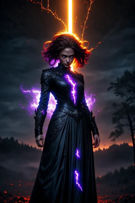 1 girl "Jennifer Grey com vestido Verde longo", flutuando na cidade with lightning bolts, Mulher no vestido Verde longo com cabelo vermelho e preto, gothic maiden, Art not Guweiz style, No estilo de arte Bowater, 8k arte detalhada de alta qualidade, gothic art style, wearing a gothic dress, fechamento, Olhos vermelhos, olhando para baixo, cabelos brancos, vento, head tilt, cabelos brancos, Cabelos Longos, Tira vigorosa, cabelos lisos, cabelo grande, cabelos expressivos, (Olhos vermelhos que brilham intensamente:1.8), olhos para baixo, (Olhos vermelhos:1.5), Pessoas fugindo das ruas movimentadas da cidade repleta de lojas々, rua movimentada, A huge amount of purple lightning shot out from the girl'the hand and hit the city, lightning clouds, Atmospheric lightning, Pink Lightning, with thunderstorms, Tempestade escura with lightning bolts, Dramatic purple lightning, Lightning in the sky, contrast lightning, thunderstorm in the sky, lightning in the background, with lightning bolts, clima tempestuoso with lightning bolts, Top volumetric lighting,Efeito de usar aura roxa,(Control a large number of beams with open arms:1.4), Lightning effect on both hands, Countless balls glowing purple around the girl,goddess of lightning, tempestade, storm outside, Ela atrai muitos raios roxos,