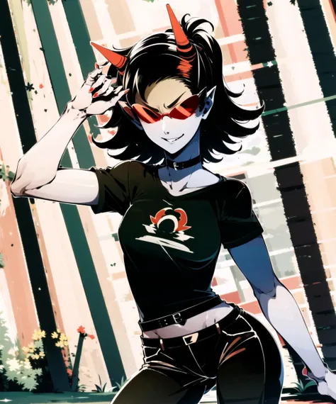 masterpiece, best quality, absurdres, perfect antomy,, masterpiece, best quality, absurdres, perfect antomy, Terezi Pyrope, T-shirt, black long pants, Glasses ((outside)), ((forest)) looking at viewer,