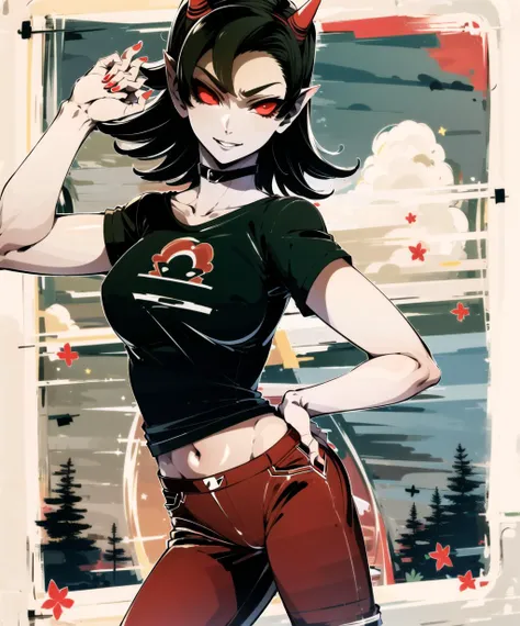 masterpiece, best quality, absurdres, perfect antomy,, masterpiece, best quality, absurdres, perfect antomy, Terezi Pyrope, T-shirt, pants, ((outside)),  looking at viewer,
