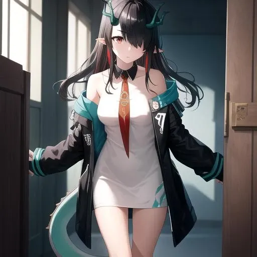 ((masterpiece)),(best quality),official art,extremely detailed CG,unity 8k wallpaper,ultra detailed,1girl,solo,cowboy shot,black_hair,pointy_ears,white_dress,long_hair,hair_over_one_eye,boots,red_eyes,red_necktie,black_footwear,looking_at_viewer,dragon_horns,off_shoulder,dragon_girl,dragon_tail,multicolored_hair,sleeveless_dress,green_skin,colored_skin,bare_legs,short_dress,jewelry,bare_shoulders,black_jacket,earrings,open_coat,clothing_cutout,collar,green_hair,<lora:Dusk(ark)>,