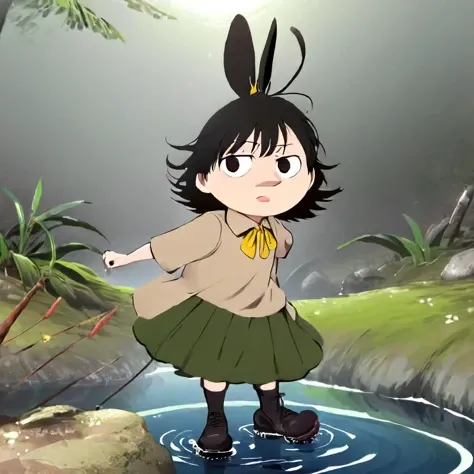 crossover, brown eyes, wading, butterfly, looking at viewer, shirt, rock, bow, nature, rabbit girl, simple background, looking up, Snufkin, uniform, black hair, black footwear<lora:Moomin-000009:1>