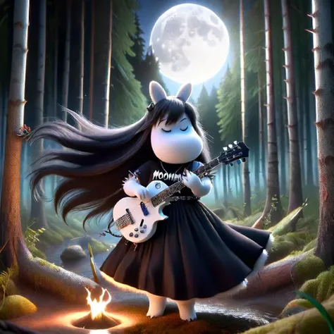 Moomins, mumintrollen, Nafo Momin girl, Snorkmaiden, snorkmaiden, 3D, instrument, 1girl, moon, guitar, animal ears, long hair, forest, nature, rabbit ears, full moon, skirt, playing instrument, solo, spikes, electric guitar, night, fire, bracelet, black hair, spiked bracelet, music, bamboo, wading, holding instrument, jewelry, very long hair, outdoors, black skirt, shirt, tree<lora:Moomin-000009:1>