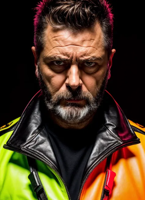 RAW photo of sks person,  vanpire neon operator, reflective leather neon coat, decorated with traditional leather ornaments by ismail inceoglu dragan bibin hans thoma greg rutkowski alexandros pyromallis nekro rene maritte illustrated, perfect face, fine details, realistic shaded,
<lora:locon_nickofferman_v1_from_v1_64_32:1>, <lora:add_detail:0.7>