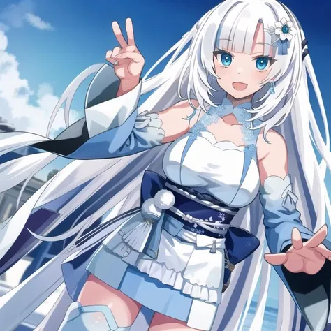 0(hyper extreme detailed),(masterpeace),(hyper extreme),(photorealistic),CG,llustration,novel illustration,1girl, <lora:WhiteCUL_v1:1>WhiteCUL,sky hair,blue eyes,hair ornament,white dress,miniskirt,sleeveless,detached sleeves,obi,thigh strap,blue thighhighs,geta,white skin,winter