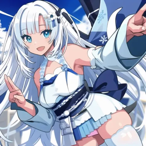 0(hyper extreme detailed),(masterpeace),(hyper extreme),(photorealistic),CG,llustration,novel illustration,1girl, <lora:WhiteCUL_v1:1>WhiteCUL,sky hair,blue eyes,hair ornament,white dress,miniskirt,sleeveless,detached sleeves,obi,thigh strap,blue thighhighs,geta,white skin,winter
