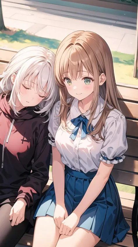 masterpiece,best quality,highly detailed,((brown hair:1.3)),((white hair:1.3)),long hair,medium breasts,((2girls:1.3)),((yuri:1.3)),(hiten1:0.8),NGH,closed eyes,((sleeping upright:1.1)),((sleeping on person:1.3)),((sitting:1.3)),((leaning on person:1.3)),<lora:SleepingUprightSleepinOnPersonSittingV1:1>,light smile,<lora:å¢å ç´°ç¯:0.7>,((park bench:1.2)),((pov:1.2)),