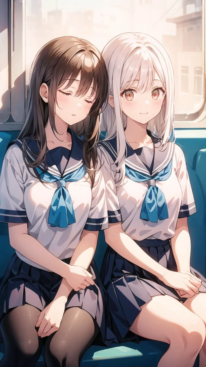 masterpiece,best quality,highly detailed,((white hair:1.3)),((brown hair:1.3)),long hair,medium breasts,((2girls:1.3)),((yuri:1.3)),(hiten1:0.8),NGH,closed eyes,((sleeping upright:1.1)),((sleeping on person:1.3)),((sitting:1.3)),((leaning on person:1.3)),<lora:SleepingUprightSleepinOnPersonSittingV1:1>,light smile,serafuku,short sleeves,pleated skirt,<lora:å¢å ç´°ç¯:0.7>,train interior,