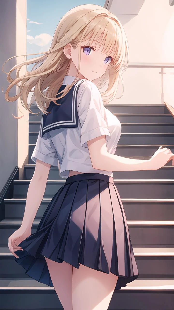 masterpiece:1.2,best quality:1.2,highly detailed:1.2,((blonde hair)),long hair:1.1,purple eyes,medium breasts,(hiten1:0.8),<lora:å¢å ç´°ç¯:0.8>,((stairs:1.1)),school stairs,<lora:school_stairs_v0.5:1>,standing,from behind,looking back,pleated skirt,skirt tug,